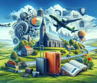 Landscape with church, planes, and SEO graphics.
