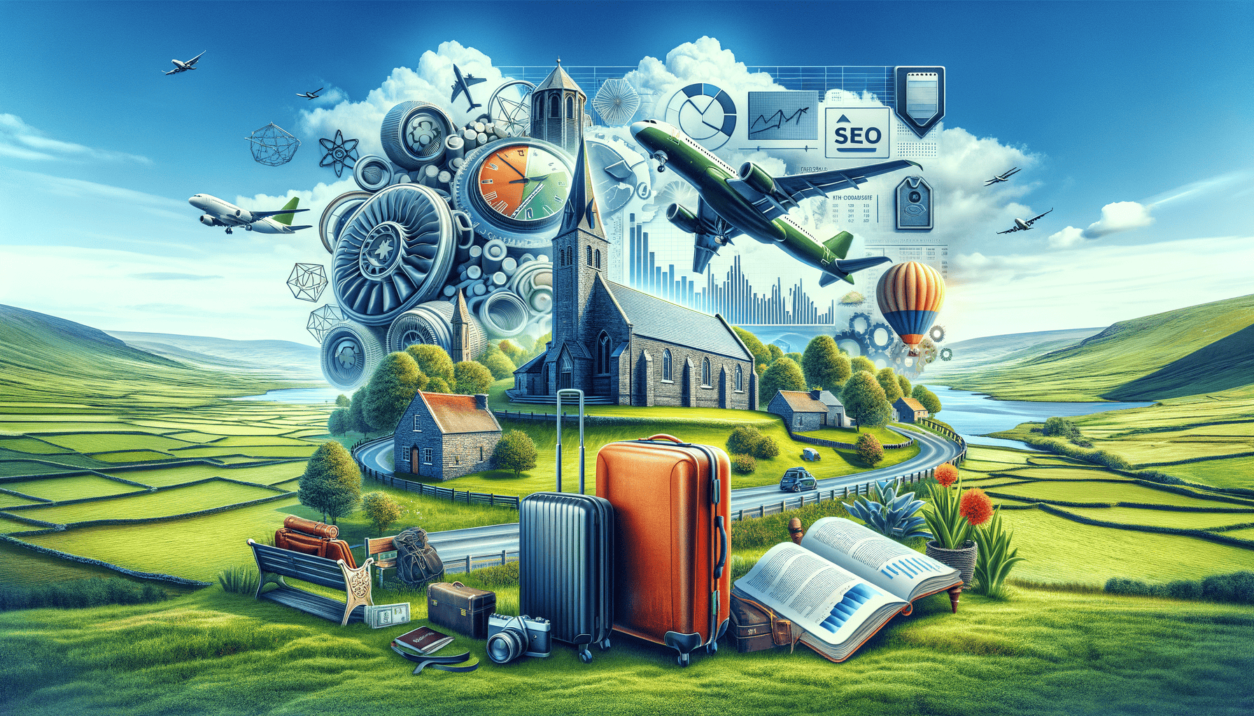 Landscape with church, planes, and SEO graphics.