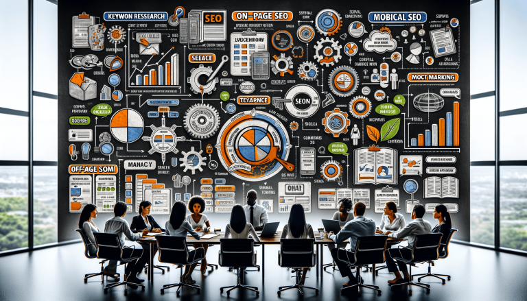 Business professionals discussing SEO and digital marketing strategy infographic.