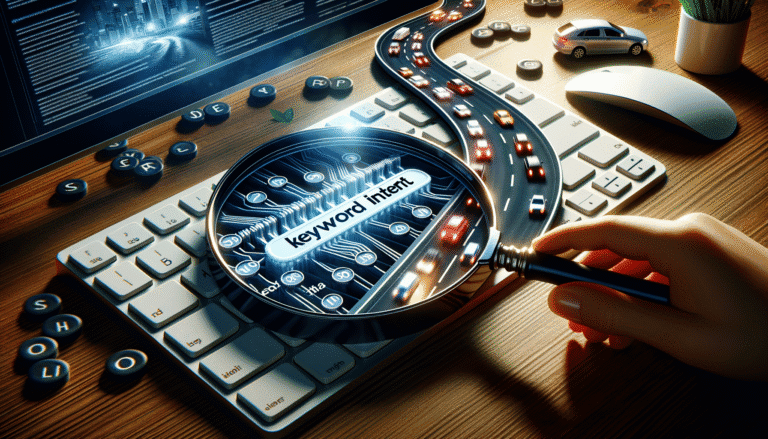 Hand magnifying 'keyword intent' on a digital marketing desk.