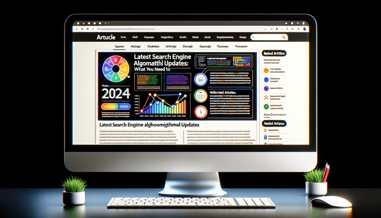Computer monitor displaying 2024 search engine algorithm updates website.