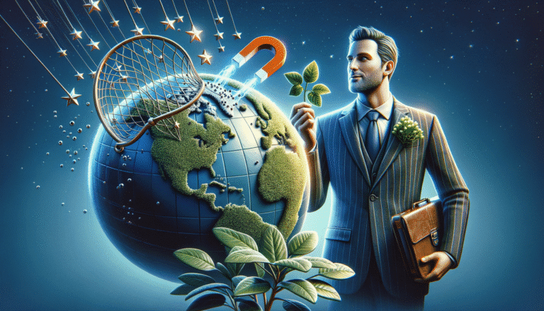 Businessman, plant, globe, magnet, stars. Global business growth concept.