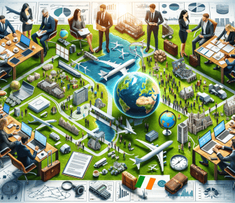 Global business meeting with charts and transportation theme.