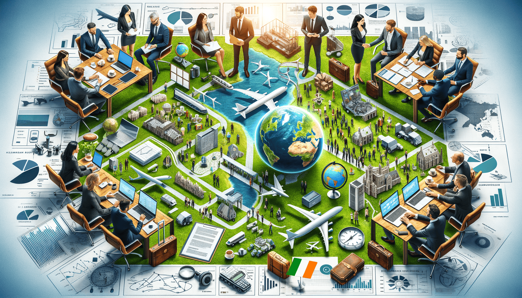 Global business meeting with charts and transportation theme.