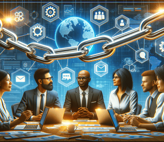 Team brainstorming blockchain solutions in tech meeting.