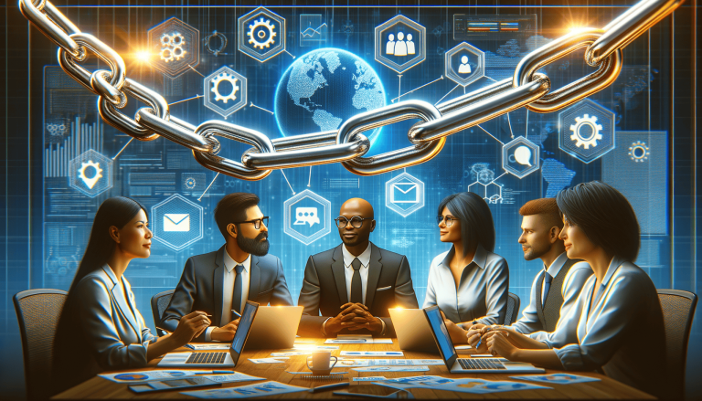Business team collaborating under blockchain, global network, and data security.