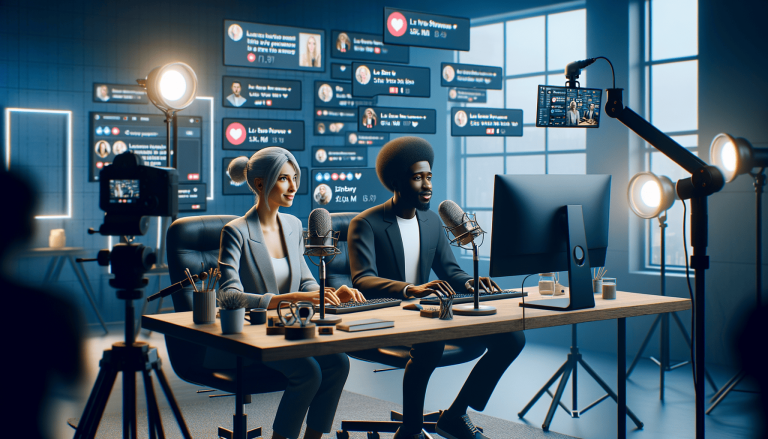 Man and woman podcasting with microphones and live stream graphics.