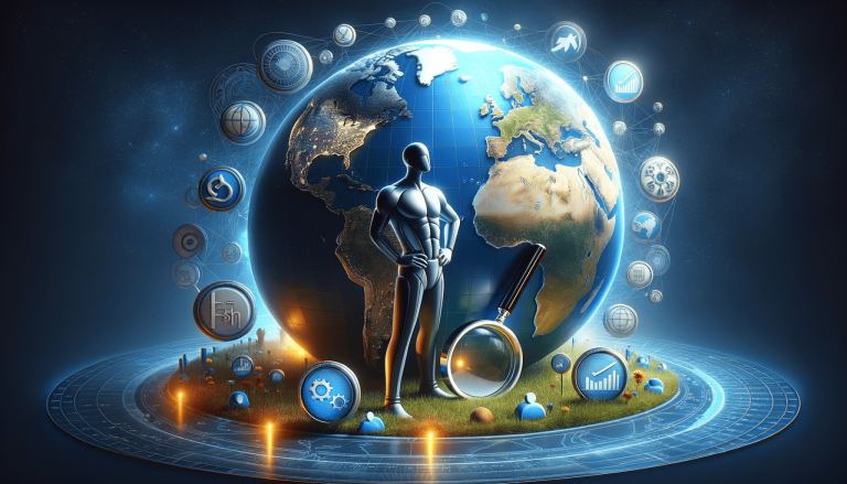 AI humanoid, global data network, and Earth analysis.