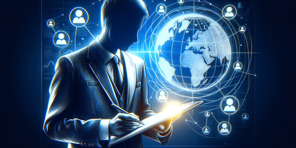 Businessman writing, global network connections background