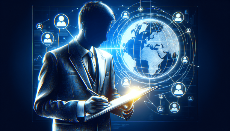 Professional analysing global network and data analytics on glowing clipboard.