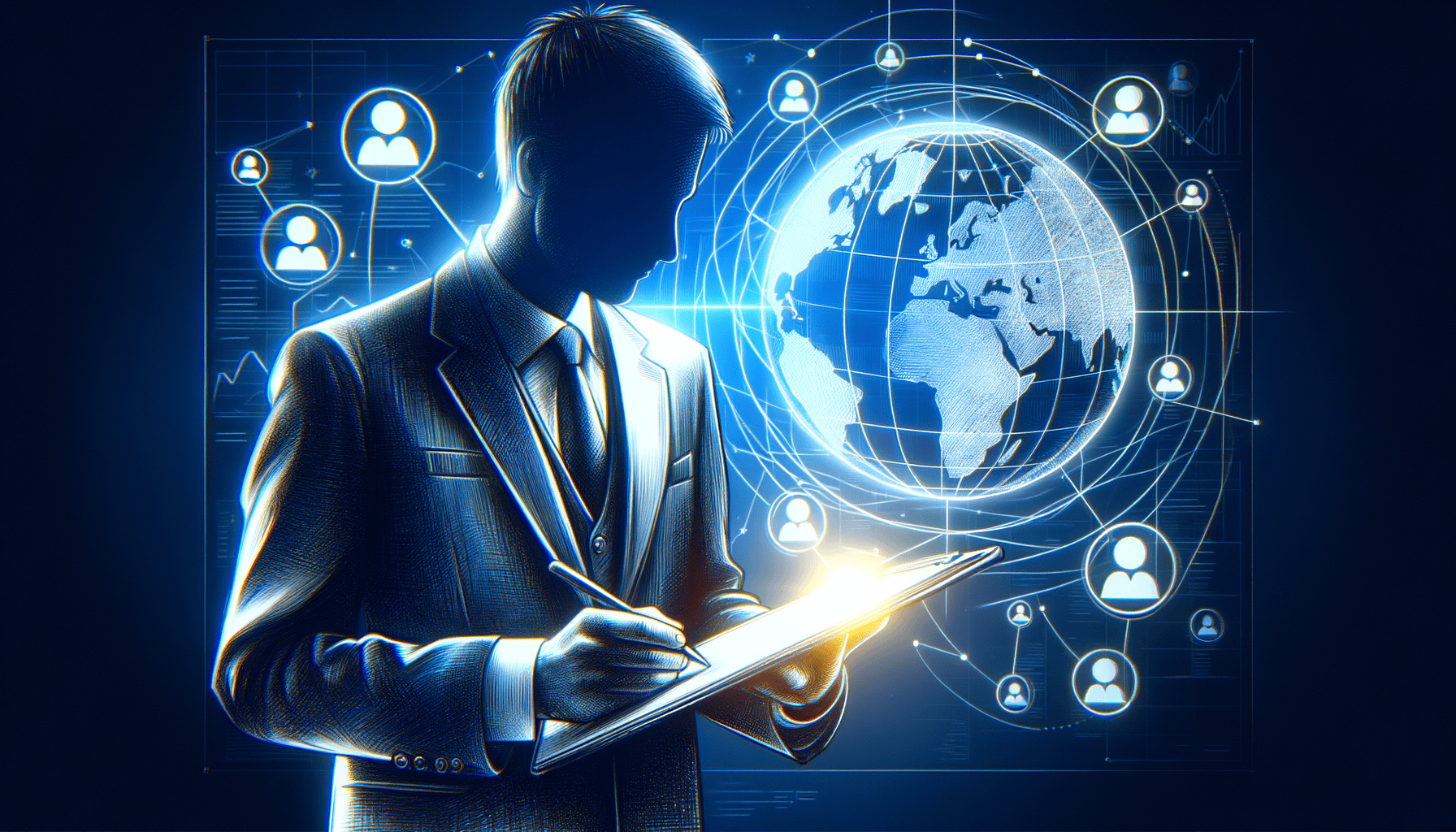 Businessman writing, global network connections background