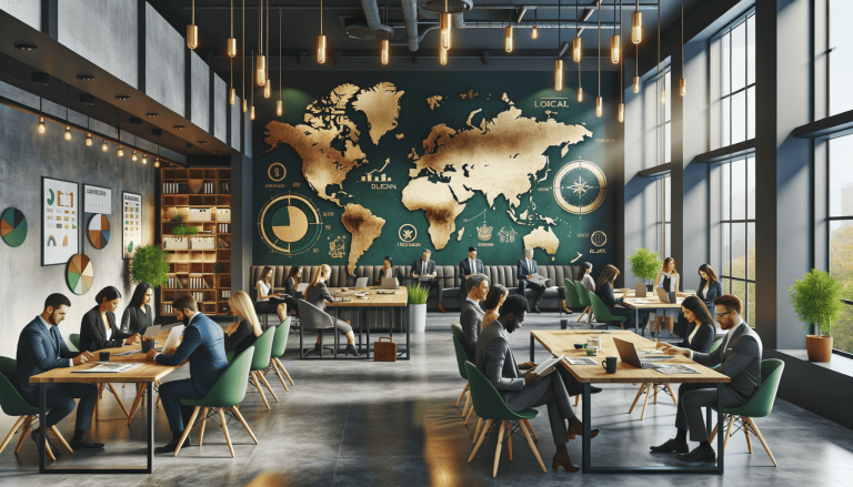 Modern office with professionals working, featuring a golden world map.