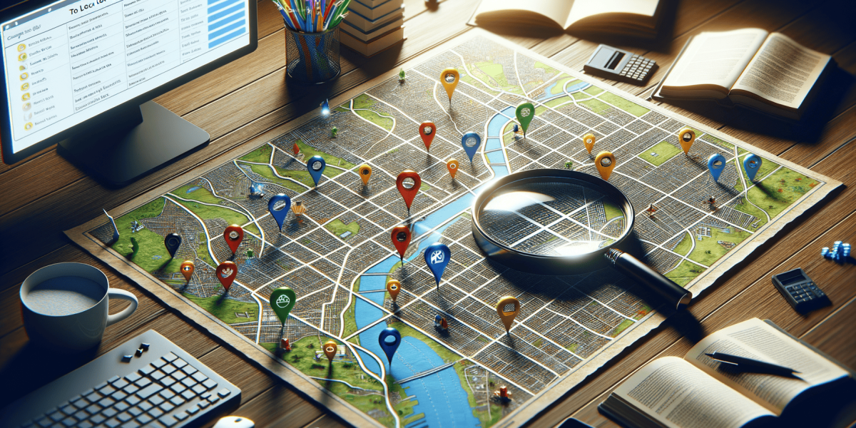 Local SEO analysis with city map, pins, and magnifying glass.