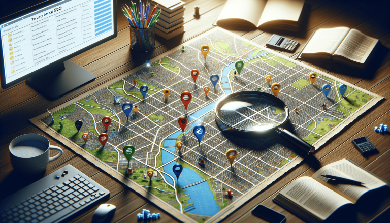 Local SEO analysis with city map, pins, and magnifying glass.
