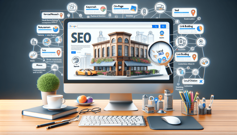 Computer screen illustrating Local SEO with a building and map pins.