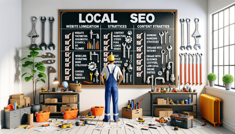 Man in overalls examining 'Local SEO' blackboard with workshop tools.