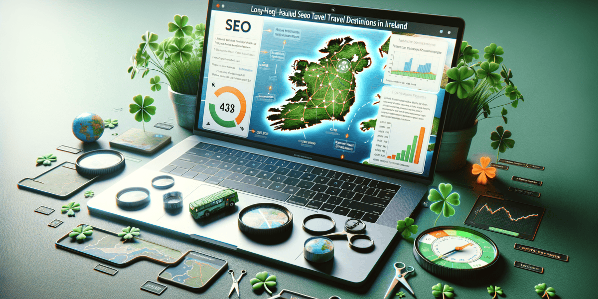 Laptop displaying SEO map of Ireland with graphs.