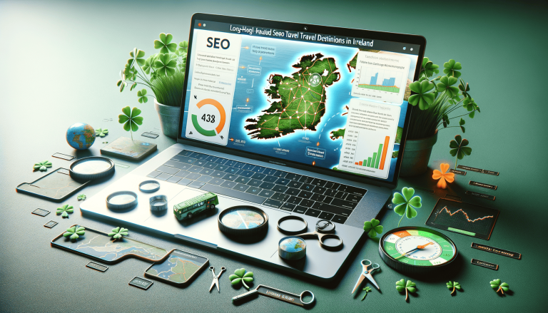 Laptop displays Irish travel SEO analytics surrounded by shamrocks.