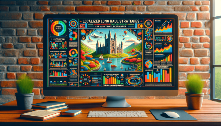 Monitor displaying Irish travel strategies infographic with castle landscape.