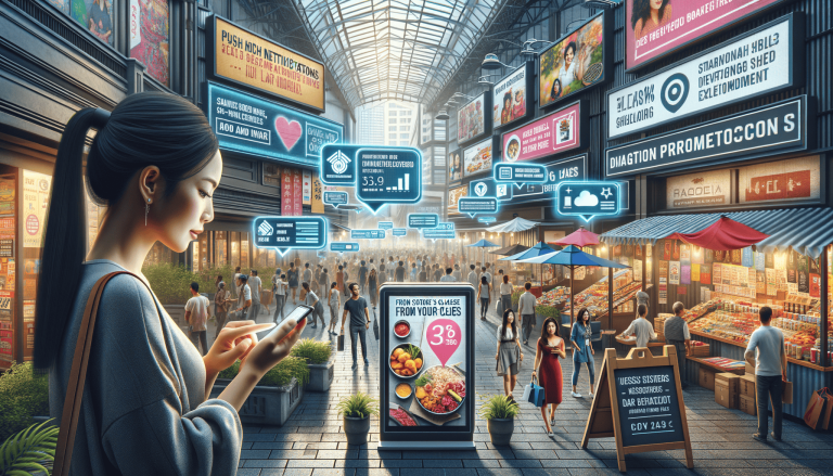 Woman uses phone in futuristic, busy market street with digital displays.