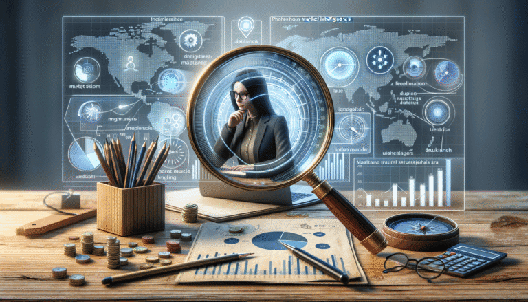 Woman analysing global business data with magnifying glass, futuristic interface.