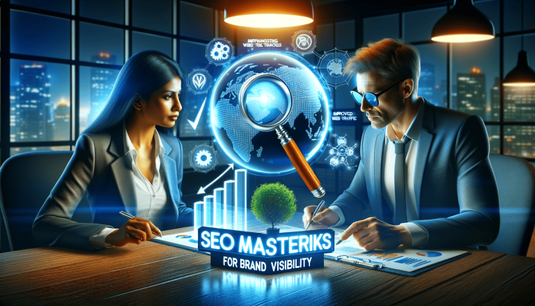 SEO strategy meeting: global reach, brand visibility, web traffic.