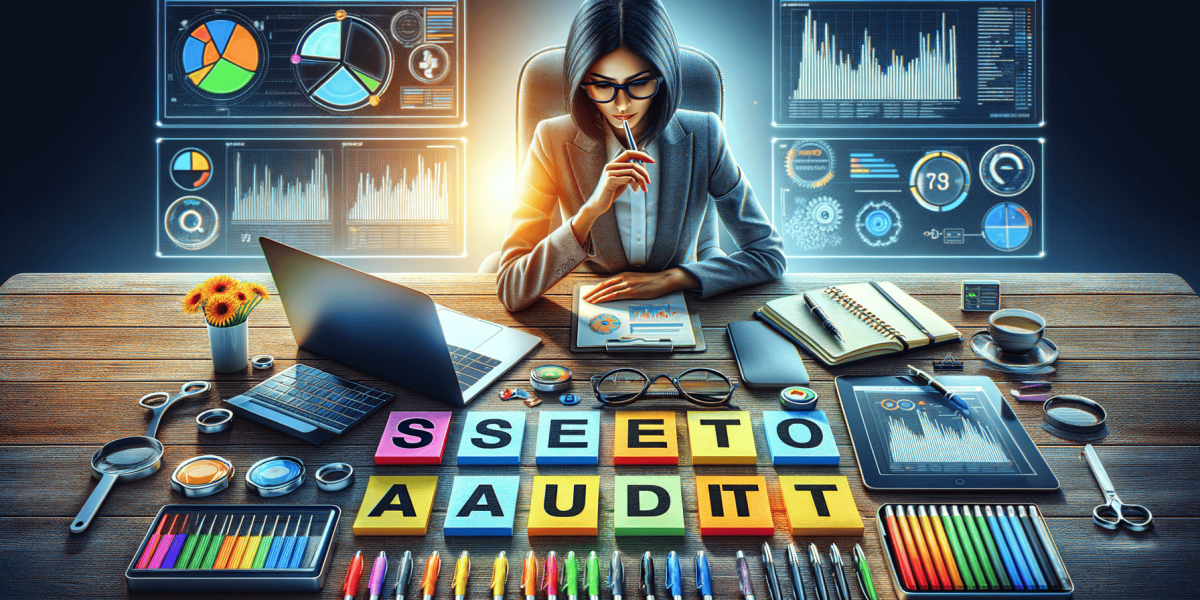 Woman analysing data with 'SEO AUDIT' blocks on a desk.