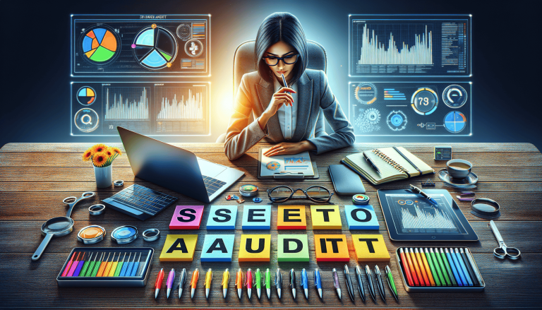 Woman analysing data with 'SEO AUDIT' blocks on a desk.