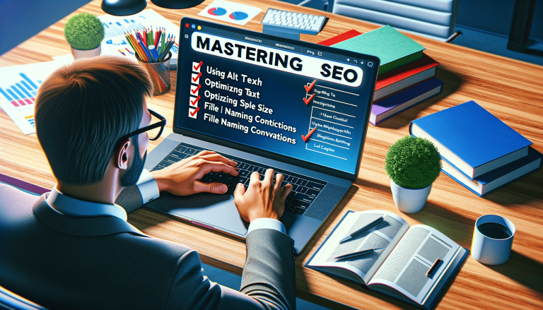 Person viewing 'Mastering SEO' checklist on laptop.