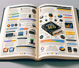 Open book with SEO diagrams and illustrations.