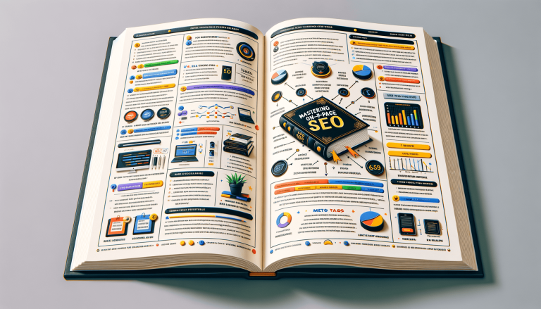 Open book displaying 'Mastering On-Page SEO' guide with infographics.
