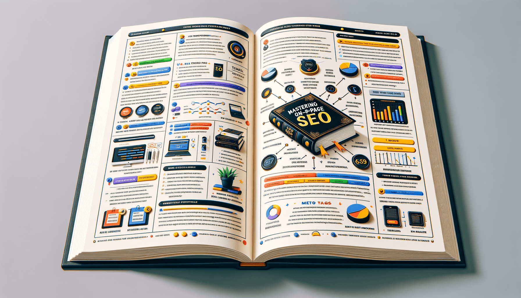 Open book with SEO diagrams and illustrations.