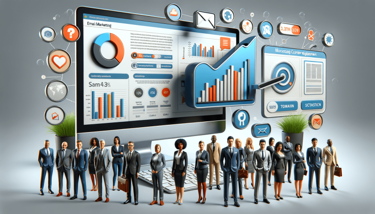 Email marketing dashboard with business people and data visuals.