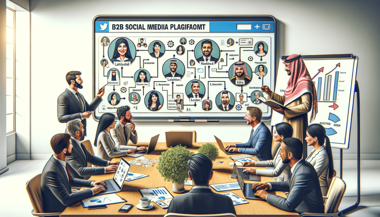 Business professionals in a meeting discussing social media strategy.