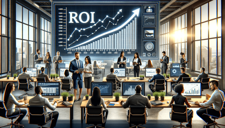 Business team analysing ROI growth on large screen in modern office.