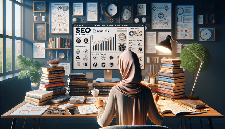 Person in hijab working on SEO essentials at busy desk.