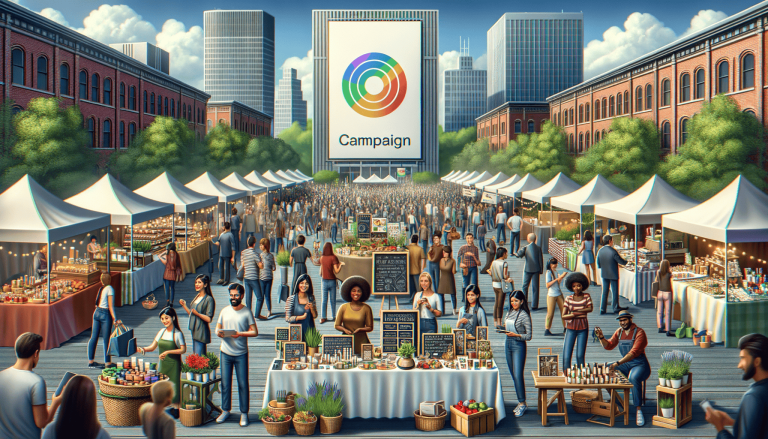 Bustling outdoor market event with a large crowd and 'Campaign' sign.