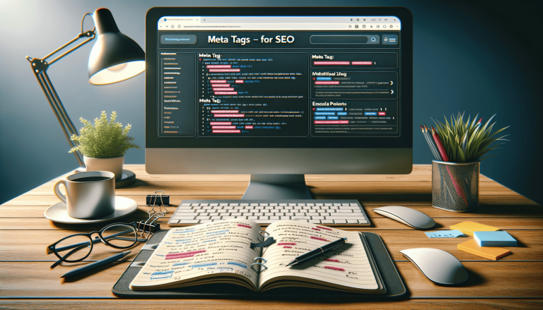 Desk with computer showing SEO meta tags, coffee, and notes.
