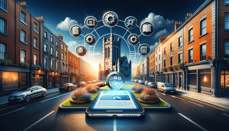City street, church, and smartphone with connected digital icons.