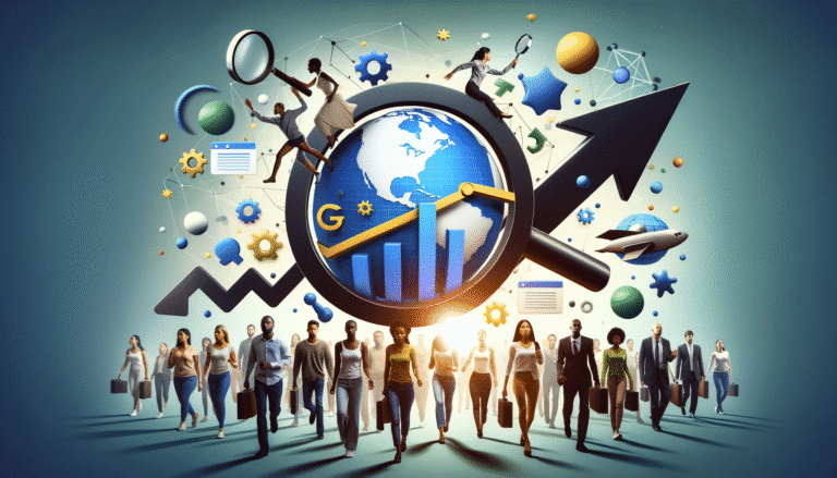 Diverse professionals walk below global marketing analytics and growth symbols.
