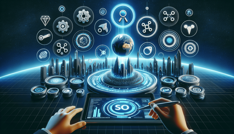 Futuristic global network, smart city, and data management via tablet.
