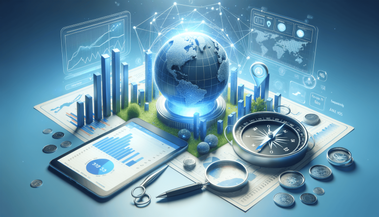 Global business analysis with digital data and financial tools.