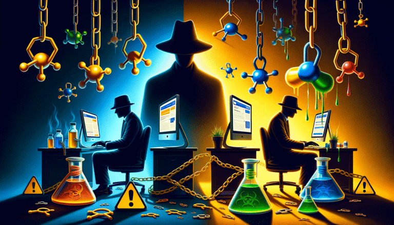 Split image: data risks, biohazards, chained molecules, mysterious figures.