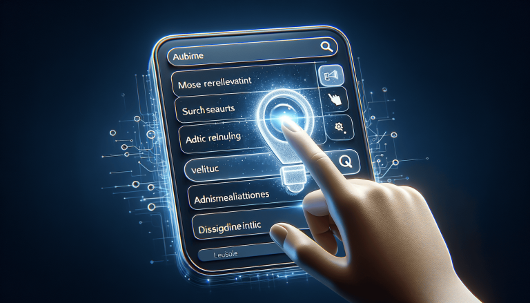 Hand touching glowing lightbulb on digital search interface.