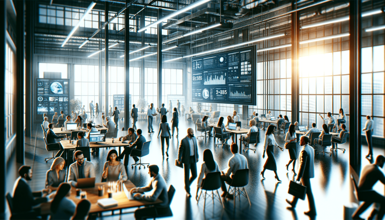 Modern open-plan office with employees working and large data displays.