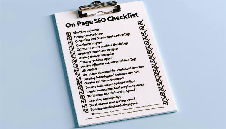 Clipboard showing On Page SEO Checklist with items checked.
