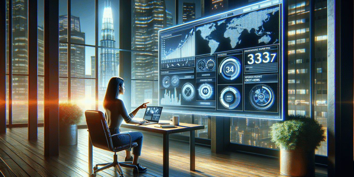 Woman in office viewing holographic data dashboard with city view.