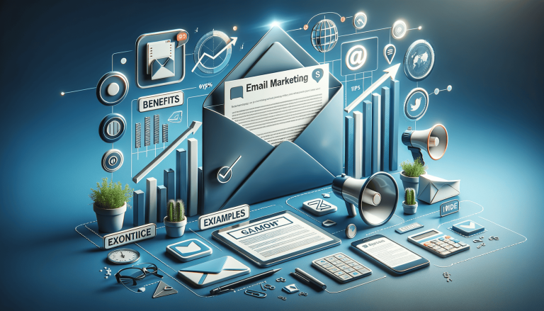 Email marketing strategy with growth charts, communication, and digital tools.
