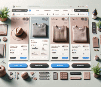 Flat lay of modern e-commerce clothing website interface.