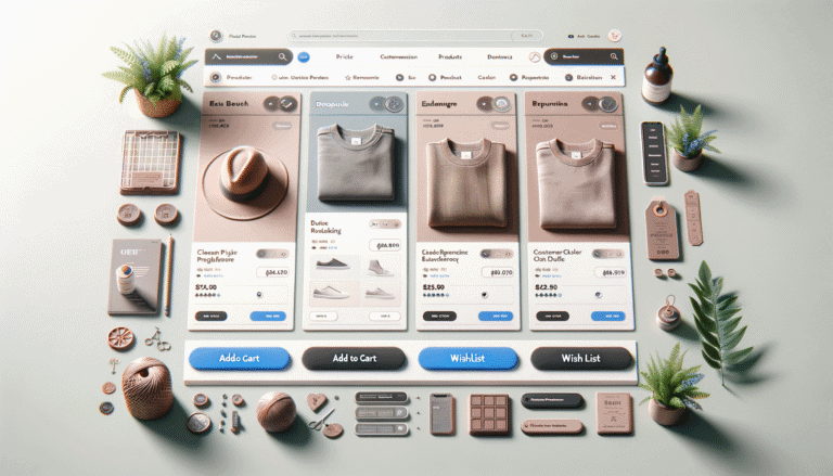 Flat lay of modern e-commerce clothing website interface.